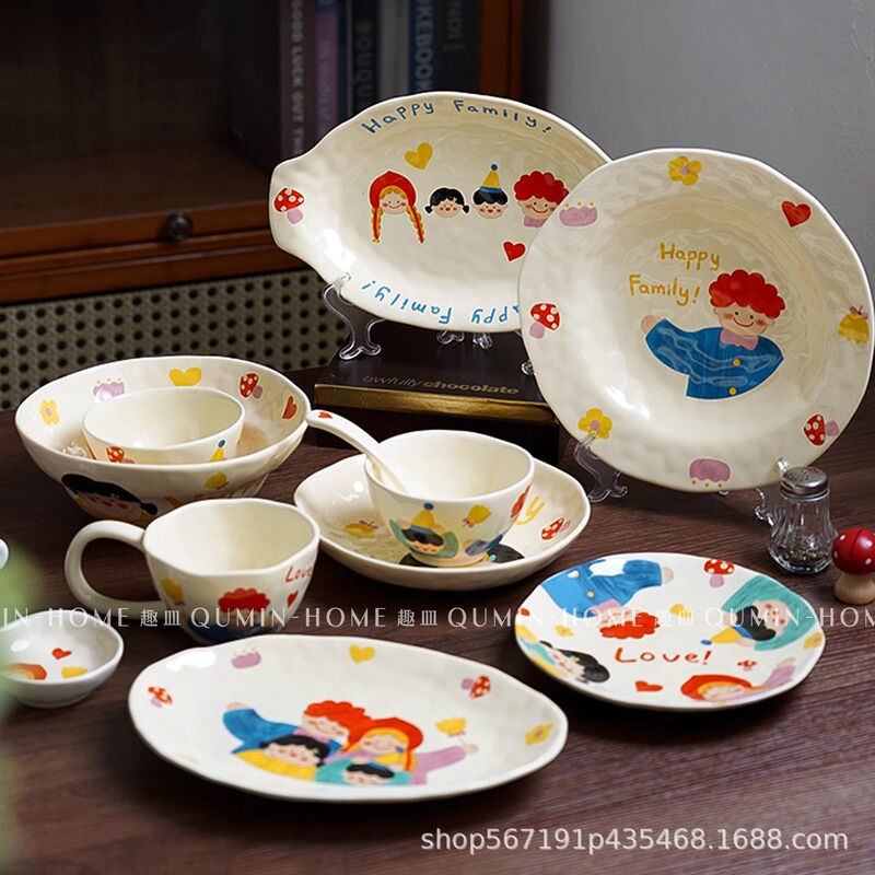 Parent-Child Tableware for a Family of Three and Four, Cute Children's Cartoon Rice Bowls, Plates, Cups, Bowls and Dishes Sets