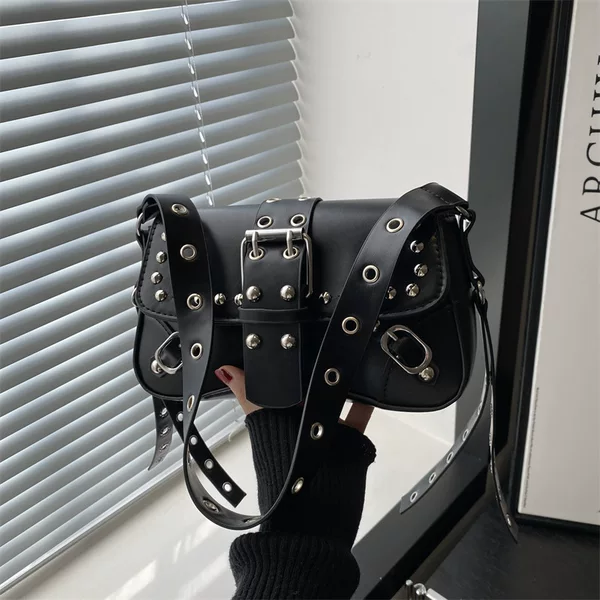 Cross-border 2026 new model, stylish and trendy, rivet leopard print, unique niche underarm bag, biker shoulder bag, baguette bag for women