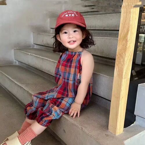 Korean-style Kids' Girl Baby Internet-Famous Plaid Jumpsuit Trendy Summer Children's Wear with Cute Rabbit-Tail Design, Girls' Suspender Pants