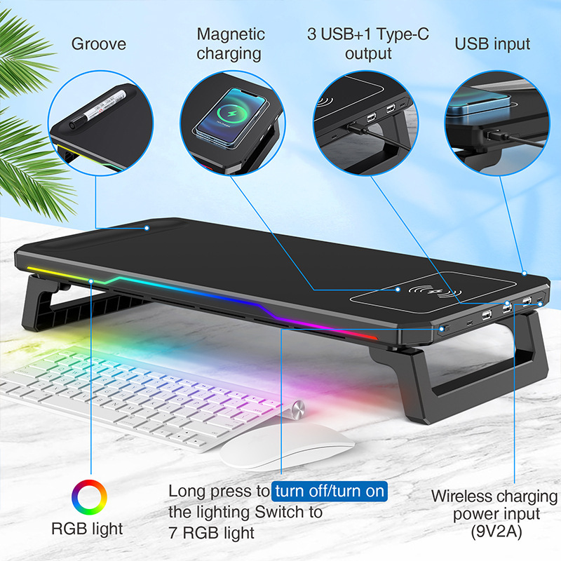 Cool Rgb Computer Heightening Stand Docking Station Desktop Storage Rack Cross-Border Foldableing Luminous Monitor Heightening Pad
