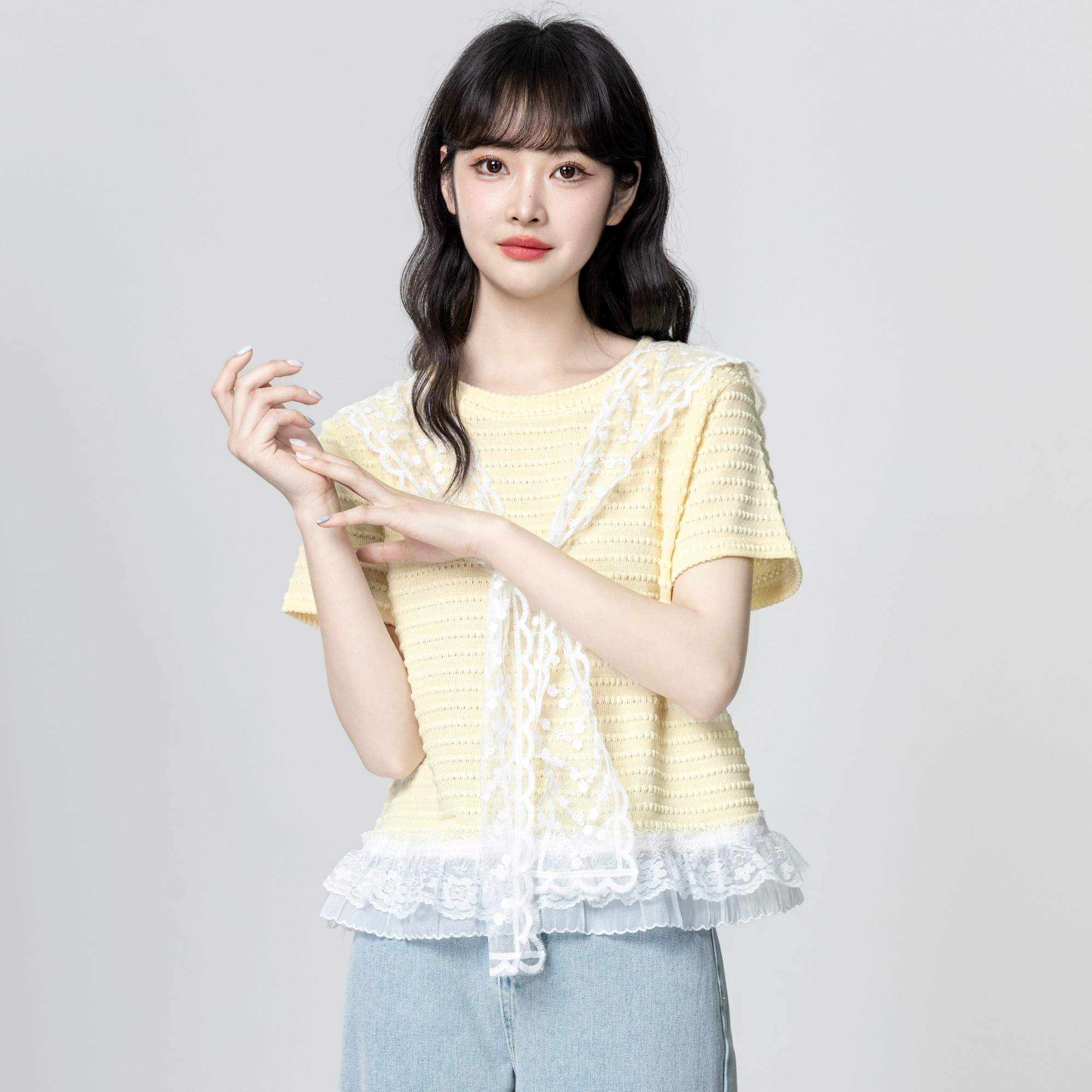 Желтая кружевная шаль с короткими рукавами футболка женская летняя 2025 новая сшитая конструкция
