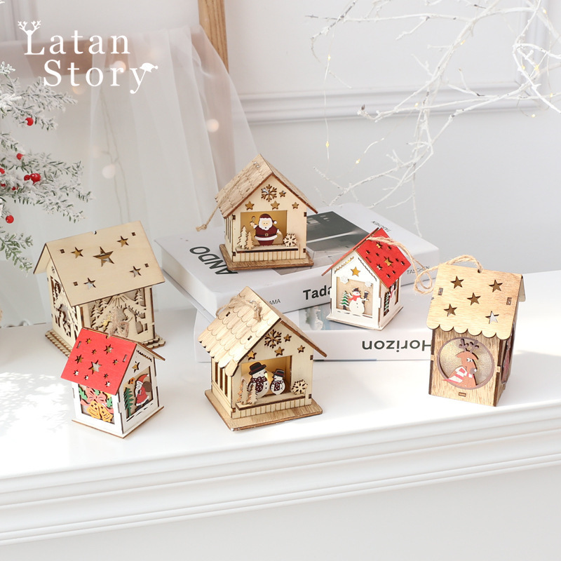 Cross-Border Wooden Nordic-Style Christmas Cabin Ornaments Christmas Decorations Luminous Snow House Ornaments Wholesale
