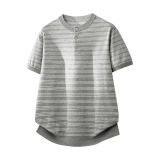 ZH8115-3D夏薄款老钱风宽松休闲上衣美式条纹亨利领针织短袖，男装针织衫/毛衣，星座614