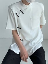 新中式 短袖T恤男士衬衫复古中国风山本耀司小众国潮立领垫肩衬衣
