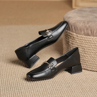 Fashion Elegant High Heels Chunky Heel Shoes Mid-Heel Shoes Women's Genuine Leather Soft Surface Shoes Single Shoes Mom Shoes Slip-on