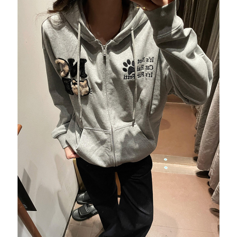 美式复古豹纹毛耳朵刺绣连帽卫衣女秋冬季新款设计感小众开衫外套|undefined