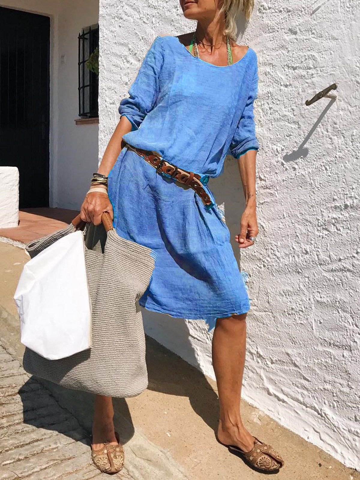 Round Neck Solid Color Cotton Comfortable Dress