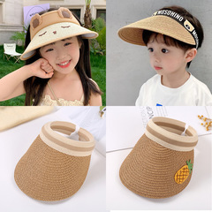 夏季新款兒童草編空頂帽寶寶大帽檐防曬帽男童女童草帽可愛遮陽帽