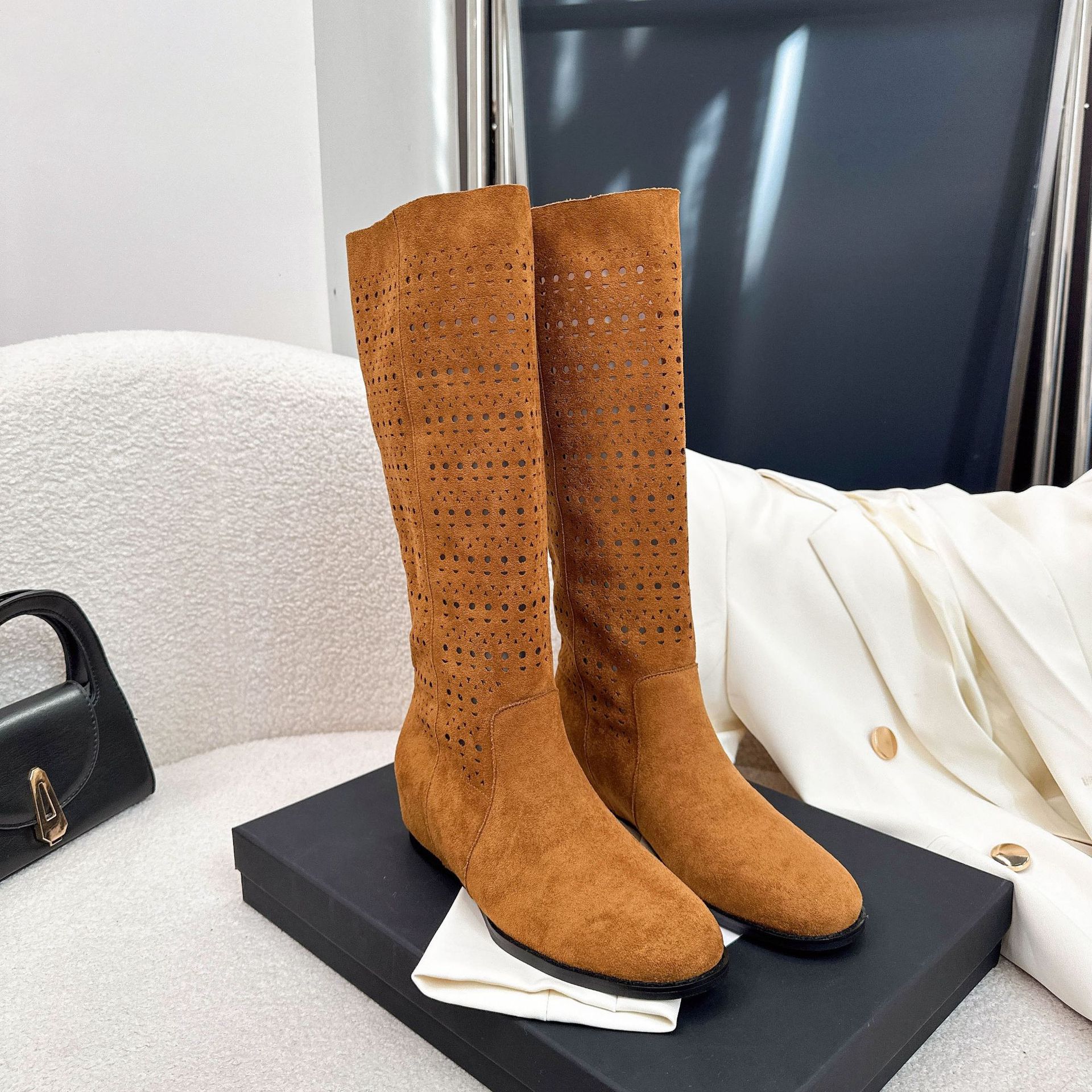 Botas Altas de Caballero para Mujer de 5 cm, Superfibra y Caucho, Hueco, Aumento de Estatura