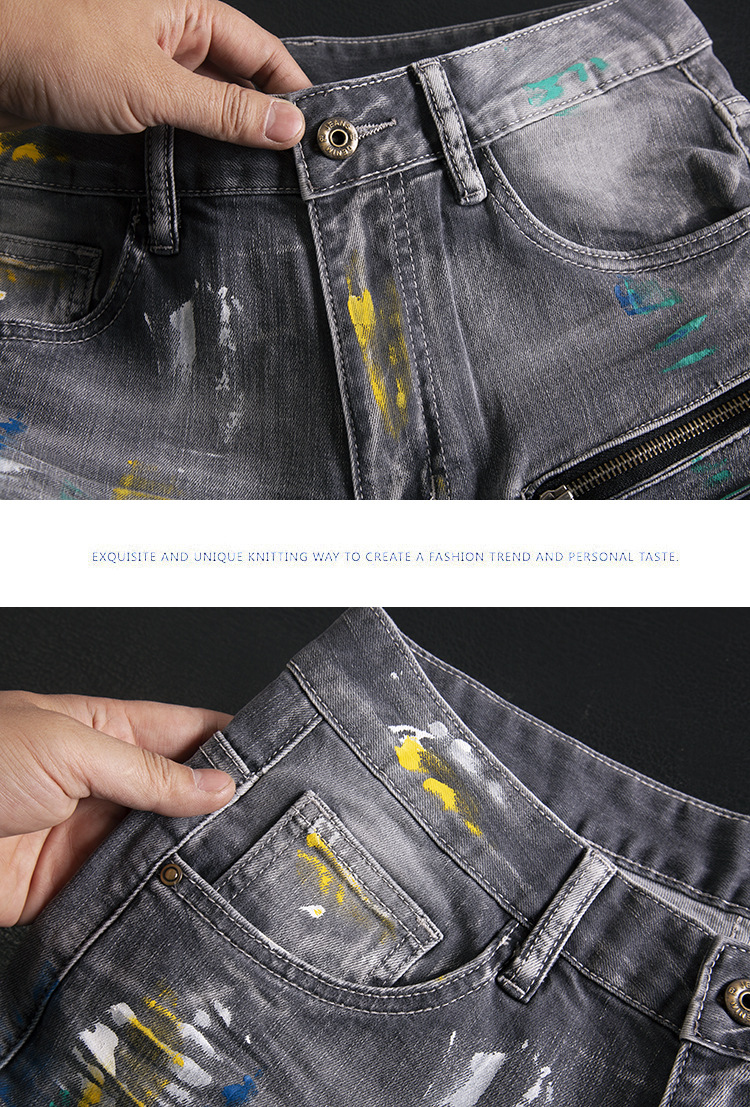 Men’s Slim Fit Ripped Patchwork Jeans With Graffiti Print Retro_voghion.com