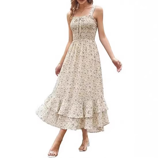 2026 Summer Floral Bohemian Dress Square Neck Tie-Waist Swing A-Line Beach Long Dress Set 2026 Summer Floral Bohemian Dress Square Neck Tie-Waist Swing A-Line Beach Long Dress Set