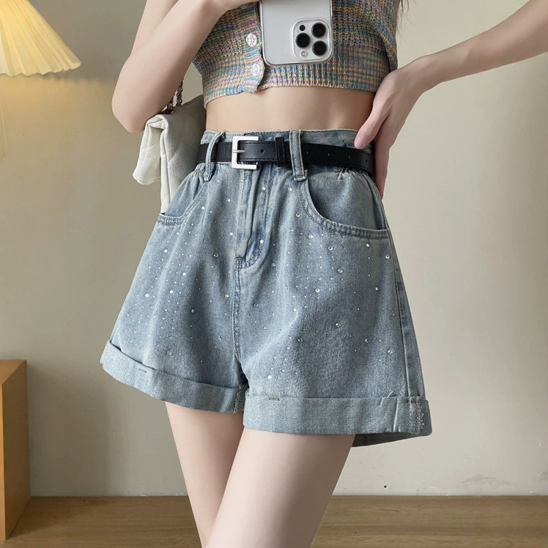 Hotfix Rhinestone Starry Denim Shorts for Women, Summer New Thin High-Waisted Wide-Leg Pants with Rolled Hem A-Line Hot Pants 11667