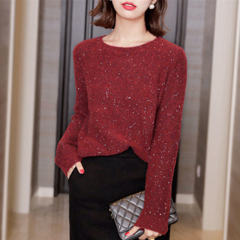 2024 Autumn and Winter New Round Neck Turtleneck Sweater Women's Outer Wear Loose Korean-style All-match Sequin Base Sweater 2024 Autumn and Winter New Round Neck Turtleneck Sweater Women's Outer Wear Loose Korean-style All-match Sequin Base Sweater