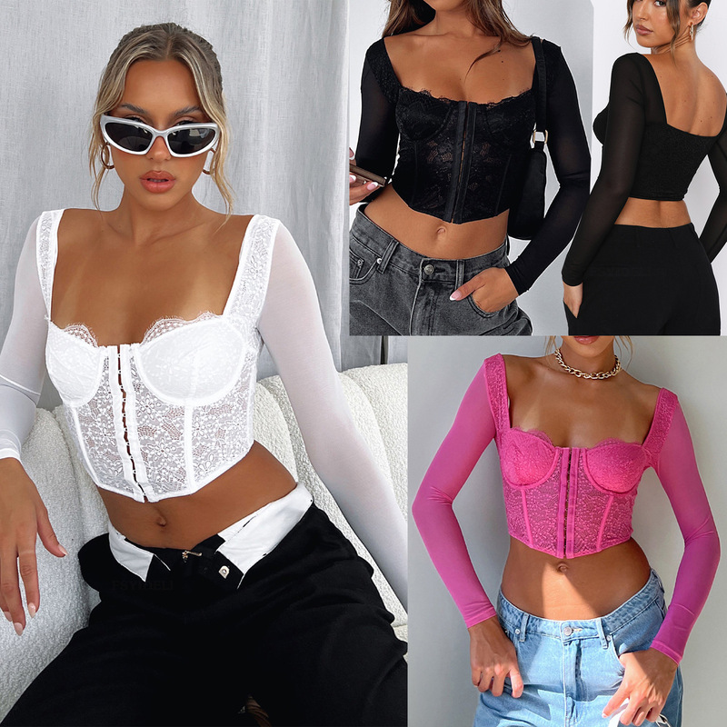 European and American Foreign Trade Summer Women's New Sexy Slim-fit Lace Fishbone Long-sleeved Large Collar Short Top SU3245