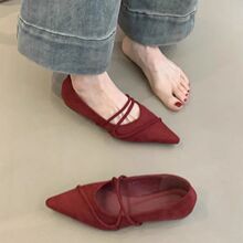 韩系感温柔不规则细带尖头绒面单鞋春秋新款百搭显瘦玛丽珍鞋