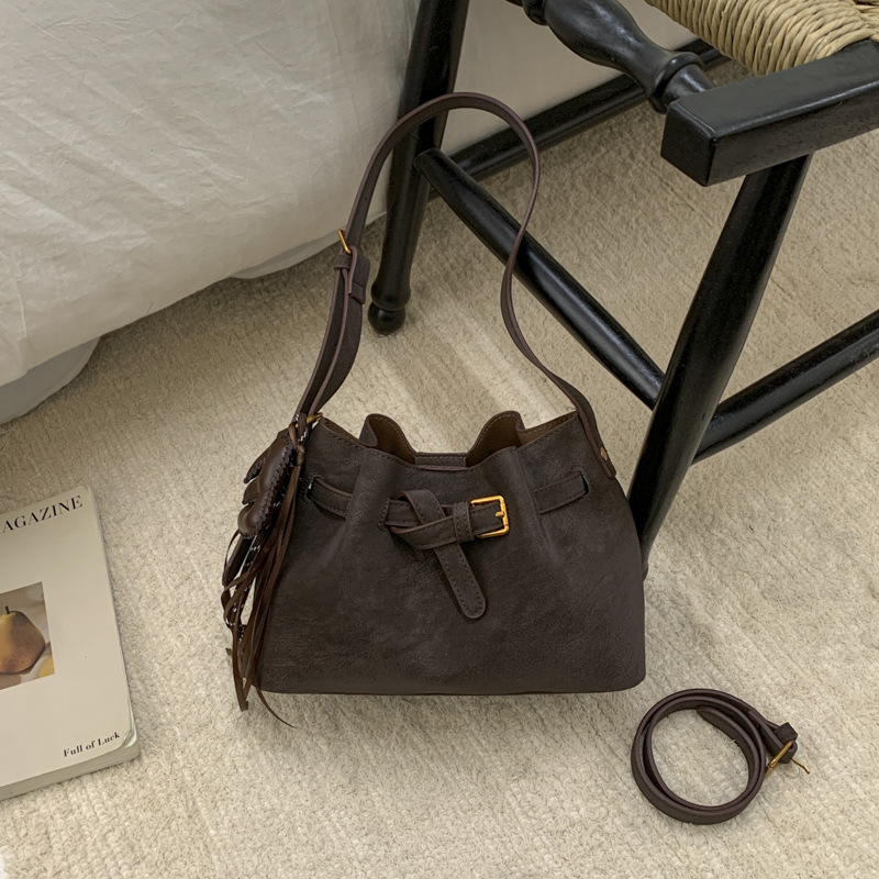 Niche Retro Market Basket Tote Bag For Women 2025 New Suede Brown Bucket Bag Shoulder Crossbody Cloud Bag - Thumbnail 6