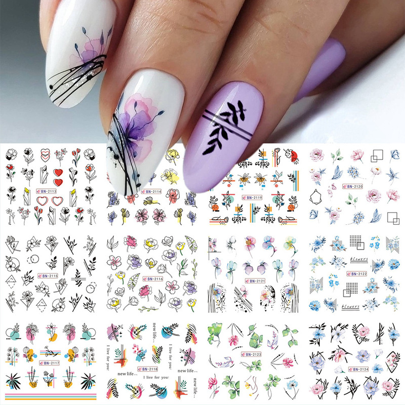 Cross-border New nail Art Stickers 2022 Spring and Summer Flowers Flower Letter Line Art Series Stickers nail