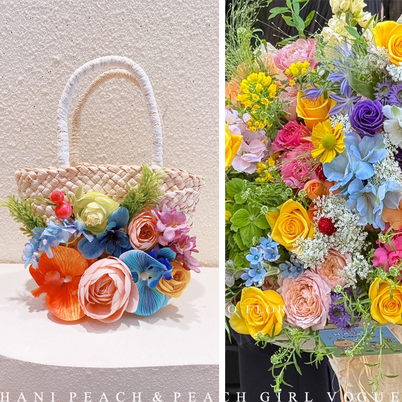HD6250A15 莫奈花园莫兰迪油画草编包蝴蝶兰花朵手提包菜篮子包包