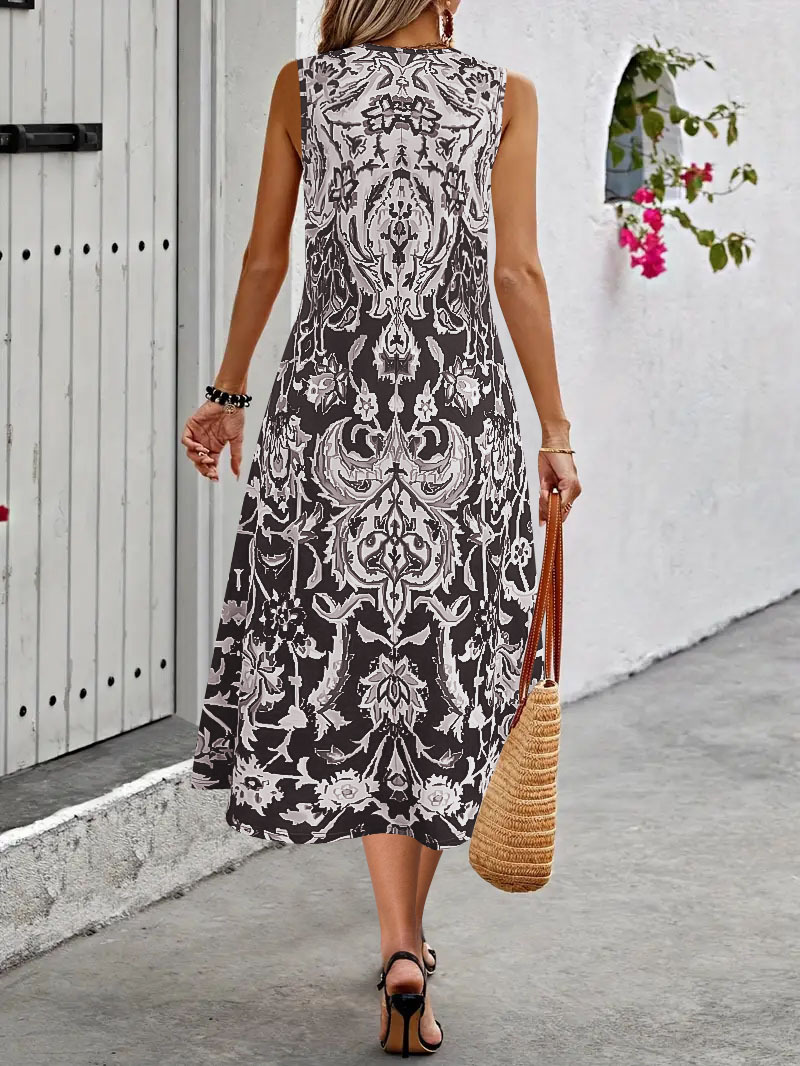2025 Cross-Border Foreign Trade Bohemian Printed For Women, Summer Fashionable Elegant Round Neck Sleeveless Long Dress_ecoleips.com