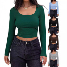 2025亚马逊新款欧美爆款螺纹坑条修身短款长袖方领T恤女跨境外贸