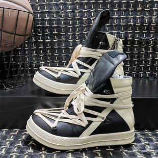 Ro High-Top Inverted Triangle Five-Six-Pointed Star European and American Trendy High-Top Shoes for Men and Women Classic Genuine Leather Geometric Pattern Crazy Straps