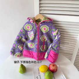 儿童冬季保暖连帽韩系彩色棉服女孩紫藤花毛毛衣