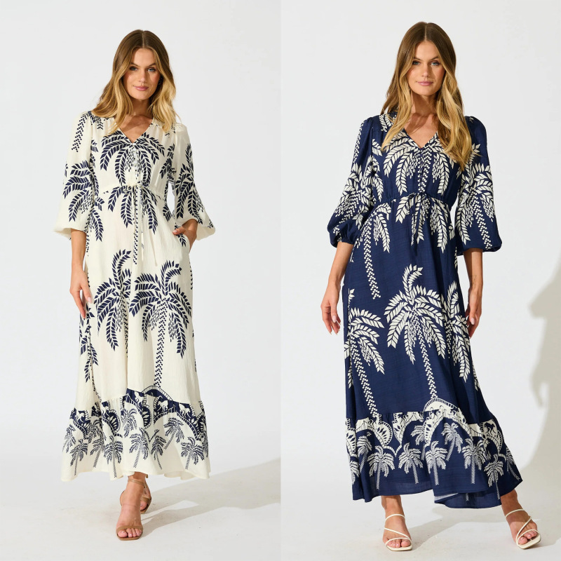 In-Stock European and American Cross-Border Bohemian Seaside Resort Style Dress with Lantern Sleeves, V-Neck, Cinched Waist, and Oversized Hem Long Dress