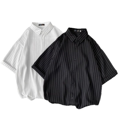 Summer Japanese Striped Casual Solid Color Short-Sleeve Shirt, Hong Kong Style Fresh Casual Literary Versatile Short-Sleeve Shirt