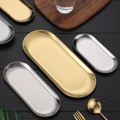 201 stainless steel oval plate creative restaurant dessert pastry plate golden hotel towel plate jewelry tray cross-border