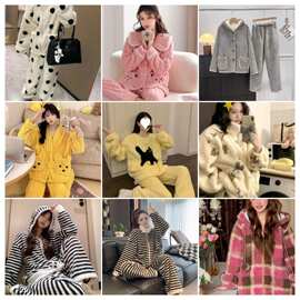 小熊条纹格子连帽珊瑚绒睡衣女秋冬保暖法兰绒羊羔绒家居服套装