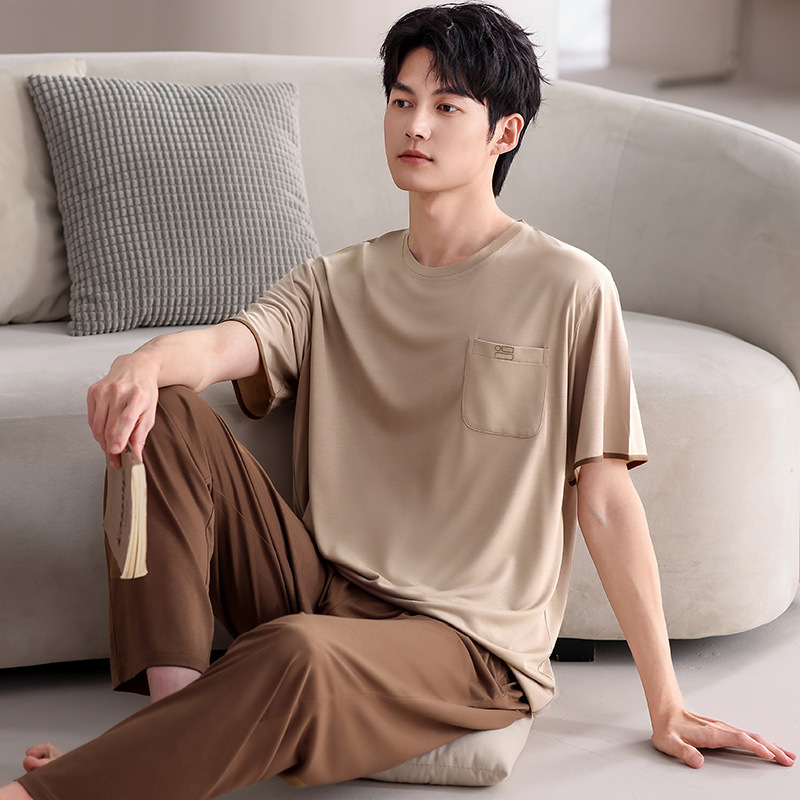 男性用パジャマ夏の新しいモーダル半袖ズボン 2 点セットティーンエイジャー薄型スタイルは家の服の外で着用できます大きいサイズ|undefined