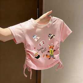 女童新款冰丝短袖T恤中小童夏季收腰抽绳可爱ins半袖可爱外穿上衣