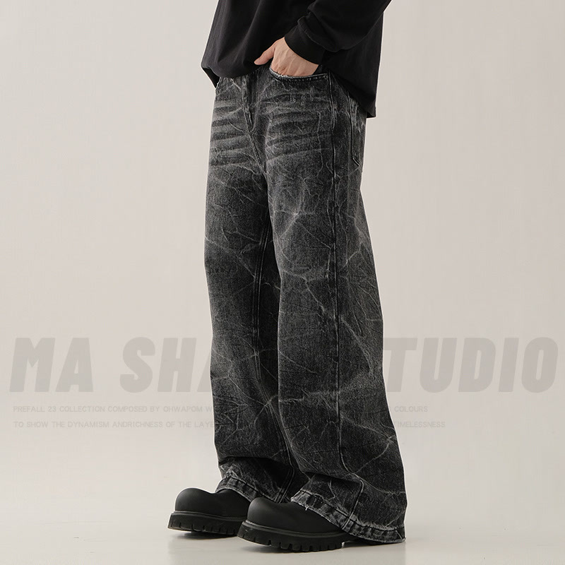 „Retro High Street Lightning Wash Schwarz-Graue Jeans für Herren – Slim Fit Straight Leg Denim-Hose mit mehreren Taschen und Cleanfit-Ästhetik“_voghion.com