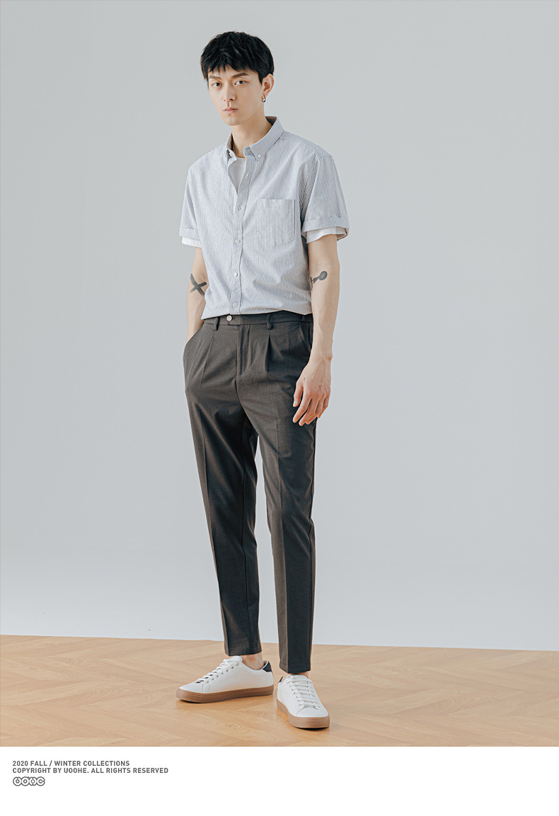Áo sơ mi nam Oxford sọc dọc tay ngắn phong cách công sở — Phiên bản vừa vặn sọc xám ngắn tay chi tiết 20