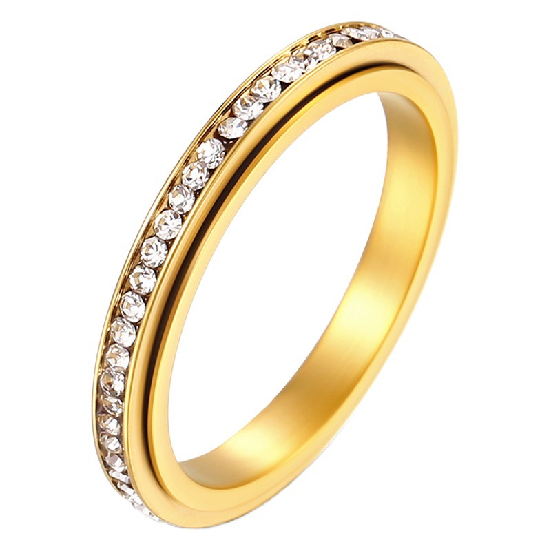 INS Simple 3mm Circle Full Diamond Rotatable Titanium Steel Ring Light Luxury Elegant Stacked Wear Decompression Women's Tail Ring