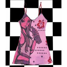 ins欧美千禧辣妹卡通印花Y2K亚比二次元性感蕾丝边修身吊带连衣裙