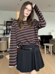 条纹长袖t恤女2025新款早秋季设计感撞色韩系慵懒松弛感上衣