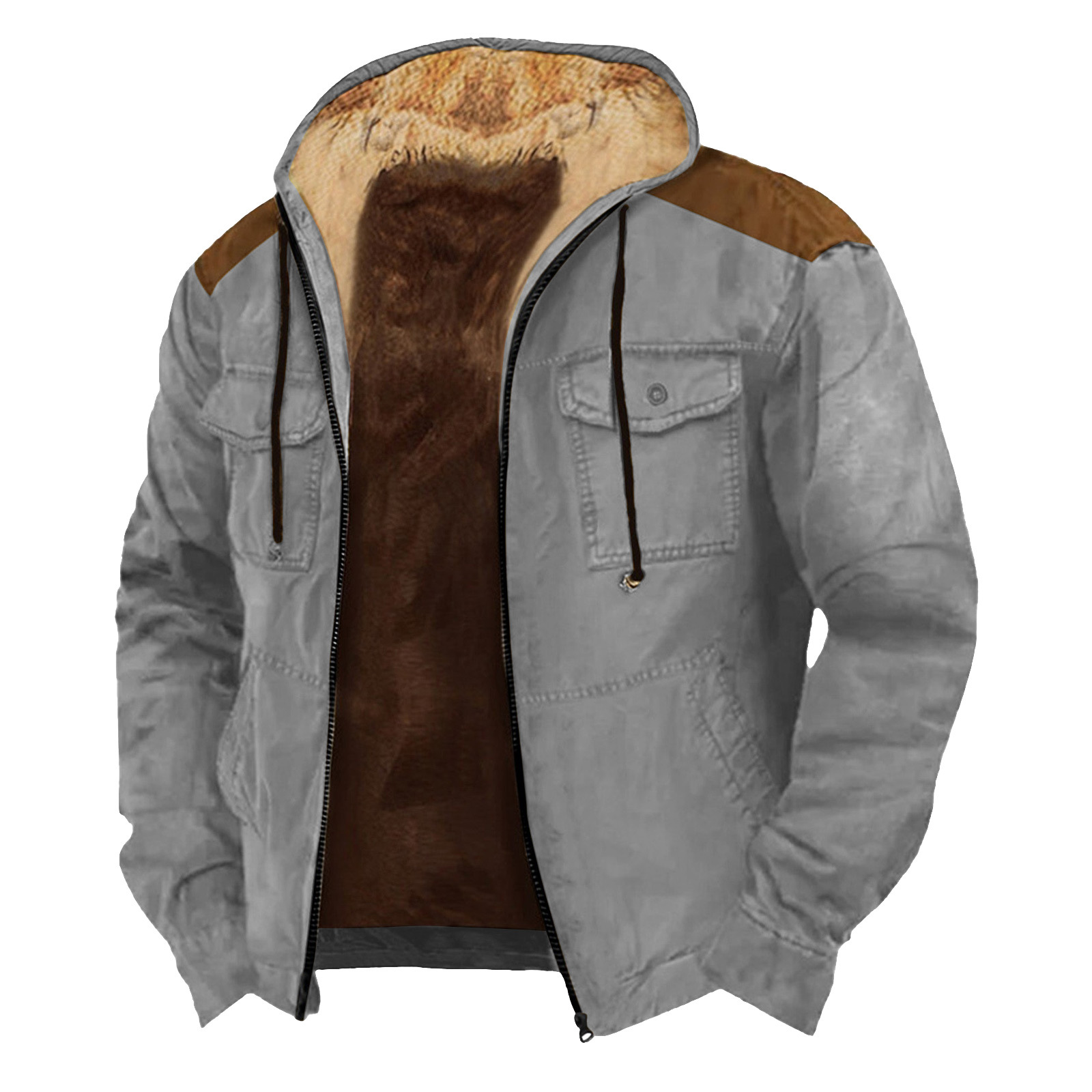 2023 transfronteriza europea y americana patrón de color sólido impresión 3D Impresión digital suéter con capucha forro marrón bolsillo algodón