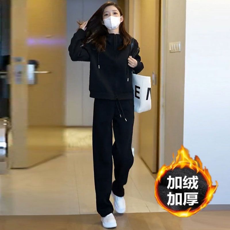 加绒运动套装秋冬季宽松新款显瘦韩版保暖减龄卫衣休闲跑步两件套|undefined