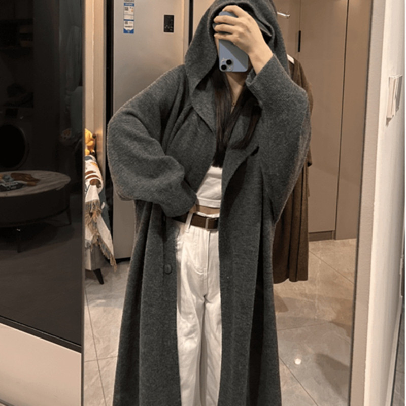 New autumn style loose plus-size casual hooded long over-the-knee knitted cardigan coat for women, slimming solid color sweater New autumn style loose plus-size casual hooded long over-the-knee knitted cardigan coat for women, slimming solid color sweater