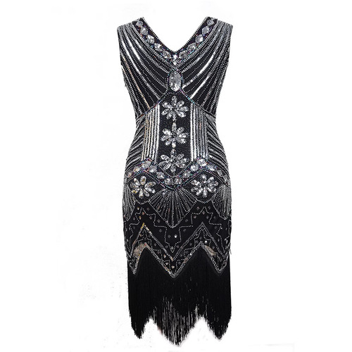 1920s Retro Style Glitter Embroidered Dress with Front and Back V-Neck Fashion Fringe Evening Gown AliExpress Amazon Bestseller