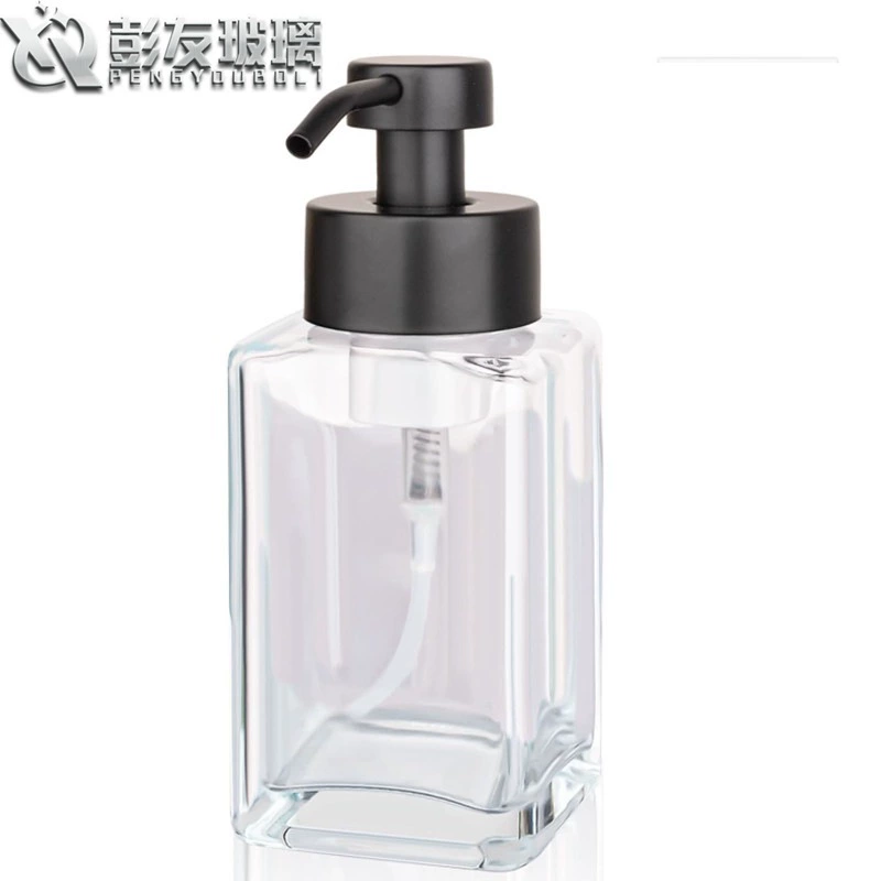 Производители прямого поставка 350ml плоские плечи квадратные стеклянные бутылки из нержавеющей стали пены пресс насос для кухонной ванной туалетной жидкости бутылка