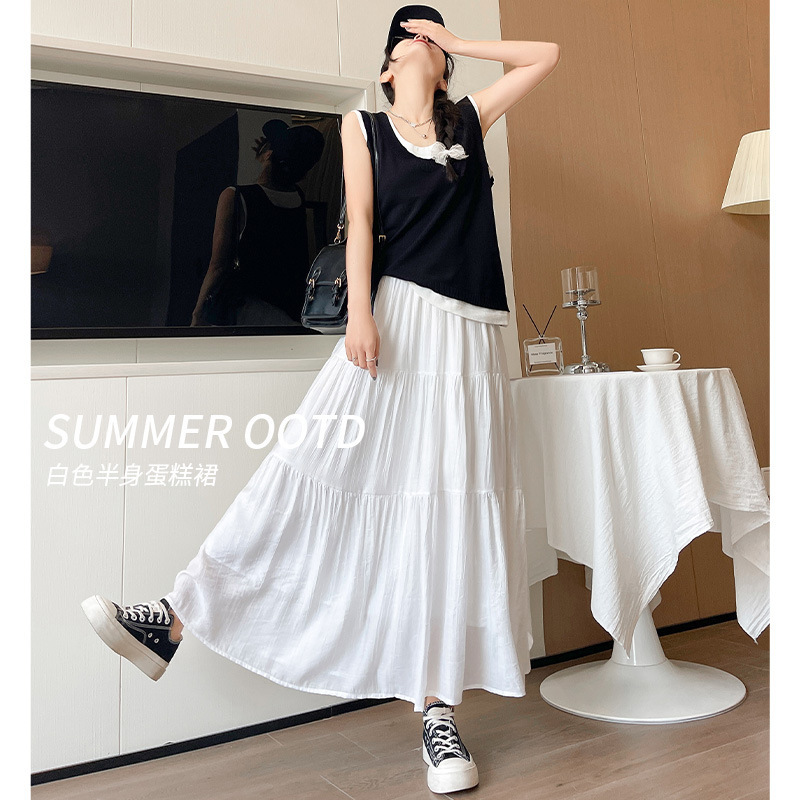 White Cake Skirt Women's Spring and Autumn 2024 New Mid-length High Waist A- line Skirt Summer Puff Skirt