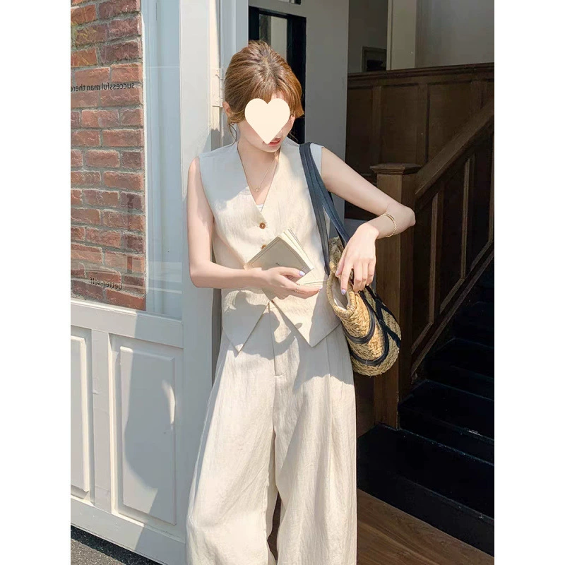 Женский костюм в французском стиле M218, лето 2025, новый стиль, в стиле «старые деньги», жилет и широкие брюки, комплект из двух предметов