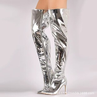 Nightclub Super High Heel Stiletto Pointed Toe Sexy Mirror Patent Leather Women's Over-The-Knee Boots Catwalk Boots Large Size High Heels