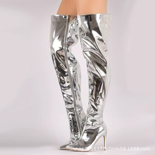 Club super high heels, fine heels, pointed toes, sexy mirror patent leather, women's over-the-knee boots, runway boots, large size High heels