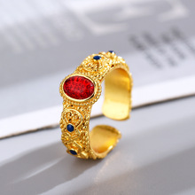 珐琅戒指小众珐琅工艺花纹镶红玉唯美设计高级感精致气质开口指环