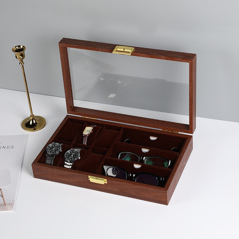 New Retro Wood Grain Watch Box, Fashionable Glass Skylight Jewelry and Glasses Storage Box, High-Quality Display Box