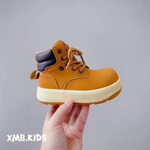 2025 New Autum Children's Shoes, Boys' Genuine Leather Handsome Boots, British Style, Versatile Girls' Small Yellow Boots