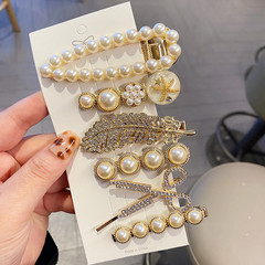 網紅直播剪刀羽毛珍珠秋冬金色系少女邊夾髮夾一字夾鴨嘴夾髮飾